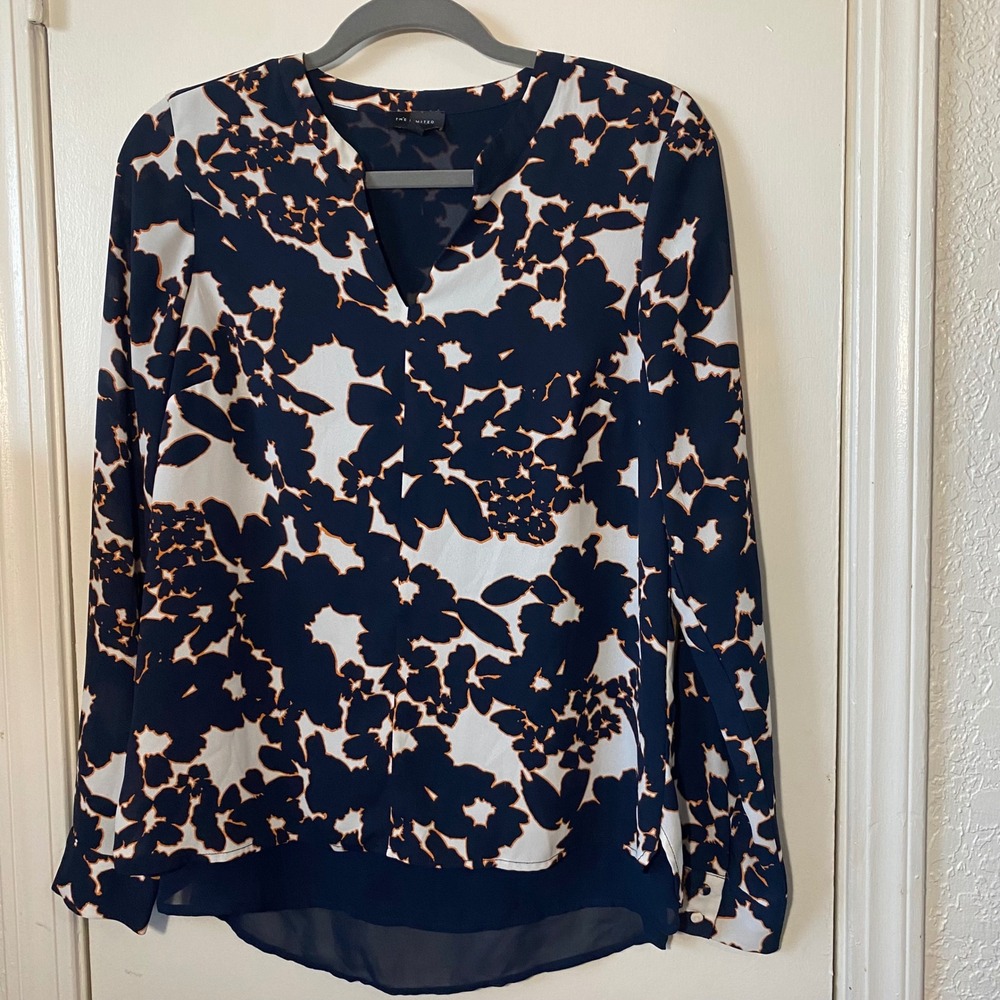 The Limited Blouse Small Floral Long Sleeve V Neck Top White Black Orange